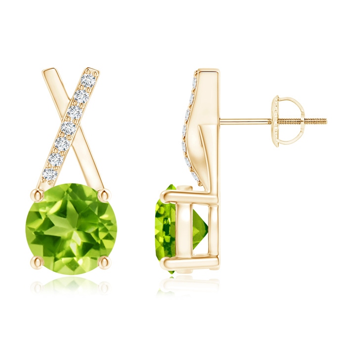 6mm AAA Peridot and Diamond XO Stud Earrings in Yellow Gold 