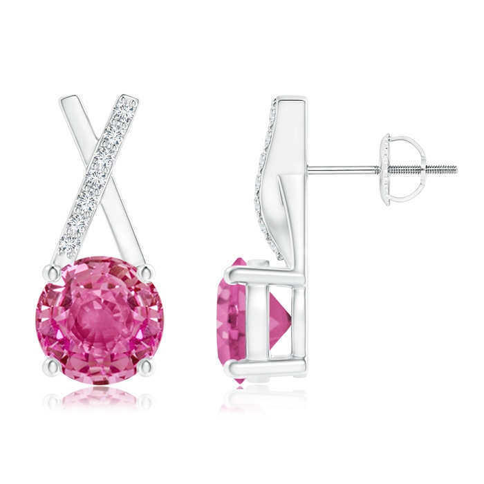 6mm AAA Pink Sapphire and Diamond XO Stud Earrings in White Gold
