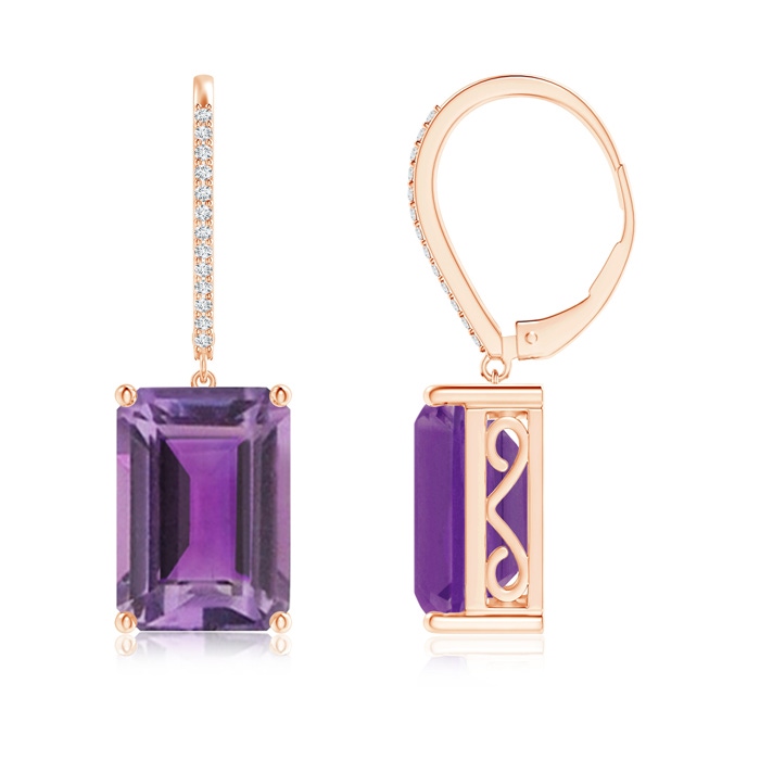 14x10mm AA Emerald-Cut Amethyst Cocktail Earrings with Diamonds in Rose Gold 