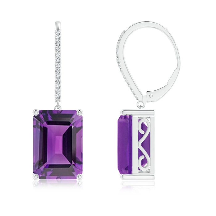 14x10mm AAA Emerald-Cut Amethyst Cocktail Earrings with Diamonds in White Gold 