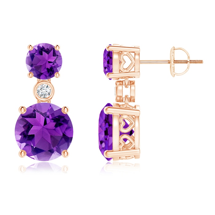 8mm AAA Classic Amethyst Two Stone Drop Earrings with Bezel Diamond in Rose Gold 