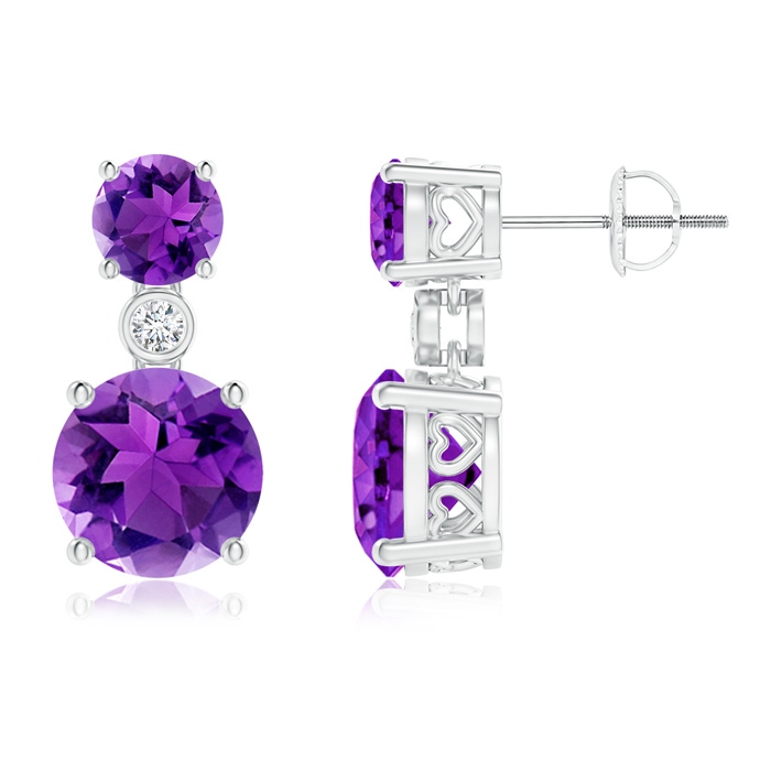 8mm AAA Classic Amethyst Two Stone Drop Earrings with Bezel Diamond in White Gold 