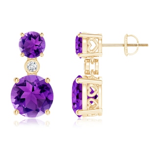 8mm AAA Classic Amethyst Two Stone Drop Earrings with Bezel Diamond in Yellow Gold