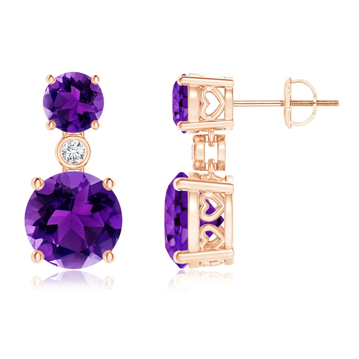 8mm AAAA Classic Amethyst Two Stone Drop Earrings with Bezel Diamond in Rose Gold