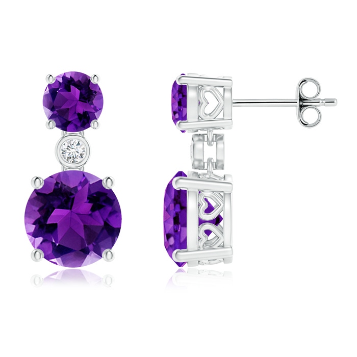 8mm AAAA Classic Amethyst Two Stone Drop Earrings with Bezel Diamond in S999 Silver 