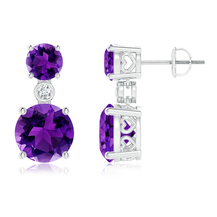 8mm AAAA Classic Amethyst Two Stone Drop Earrings with Bezel Diamond in White Gold 