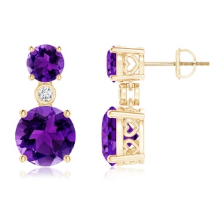 8mm AAAA Classic Amethyst Two Stone Drop Earrings with Bezel Diamond in Yellow Gold