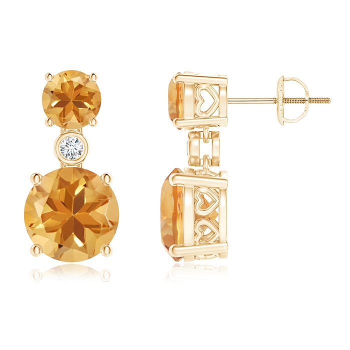 8mm A Classic Citrine Two Stone Drop Earrings with Bezel Diamond in Yellow Gold 