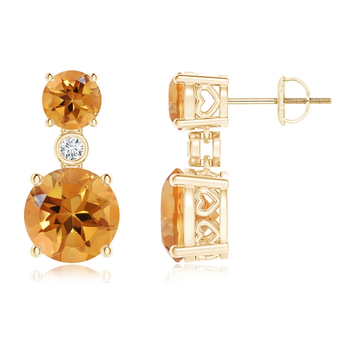 8mm AA Classic Citrine Two Stone Drop Earrings with Bezel Diamond in Yellow Gold 