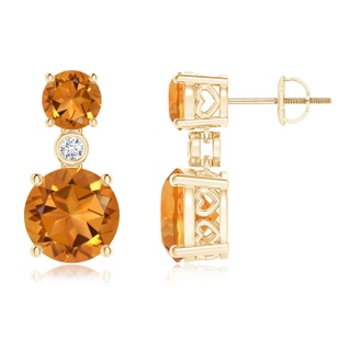 8mm AAA Classic Citrine Two Stone Drop Earrings with Bezel Diamond in Yellow Gold