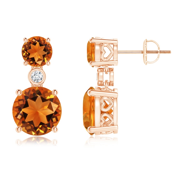 8mm AAAA Classic Citrine Two Stone Drop Earrings with Bezel Diamond in Rose Gold
