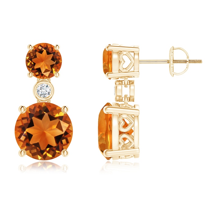 8mm AAAA Classic Citrine Two Stone Drop Earrings with Bezel Diamond in Yellow Gold