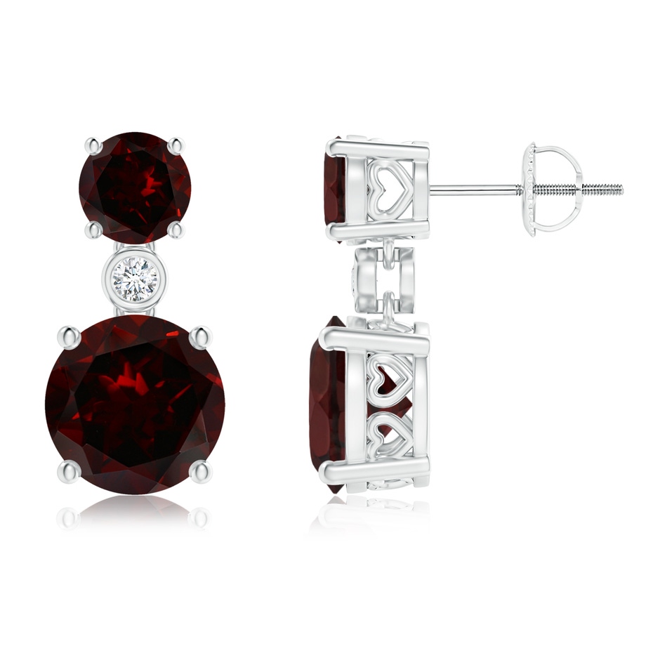 8mm A Classic Garnet Two Stone Drop Earrings with Bezel Diamond in White Gold 
