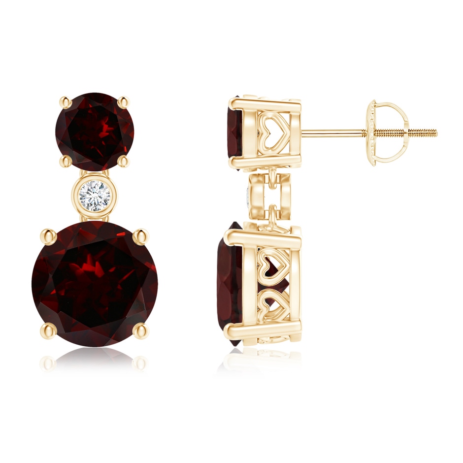 8mm A Classic Garnet Two Stone Drop Earrings with Bezel Diamond in Yellow Gold 