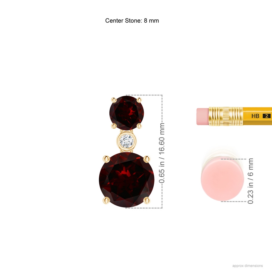 8mm A Classic Garnet Two Stone Drop Earrings with Bezel Diamond in Yellow Gold ruler