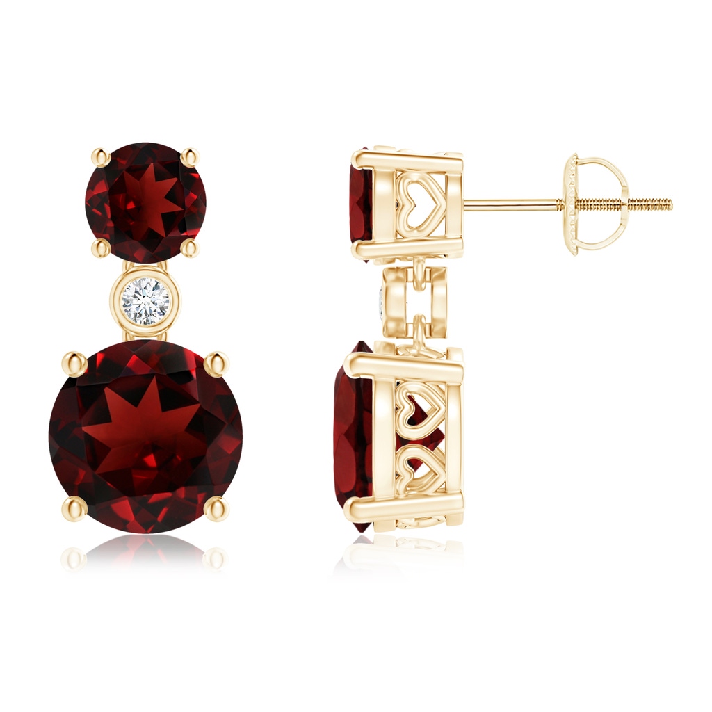 8mm AAA Classic Garnet Two Stone Drop Earrings with Bezel Diamond in Yellow Gold