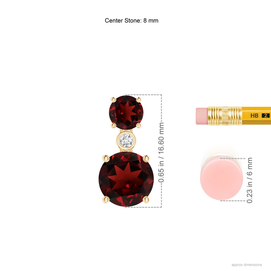 8mm AAA Classic Garnet Two Stone Drop Earrings with Bezel Diamond in Yellow Gold ruler