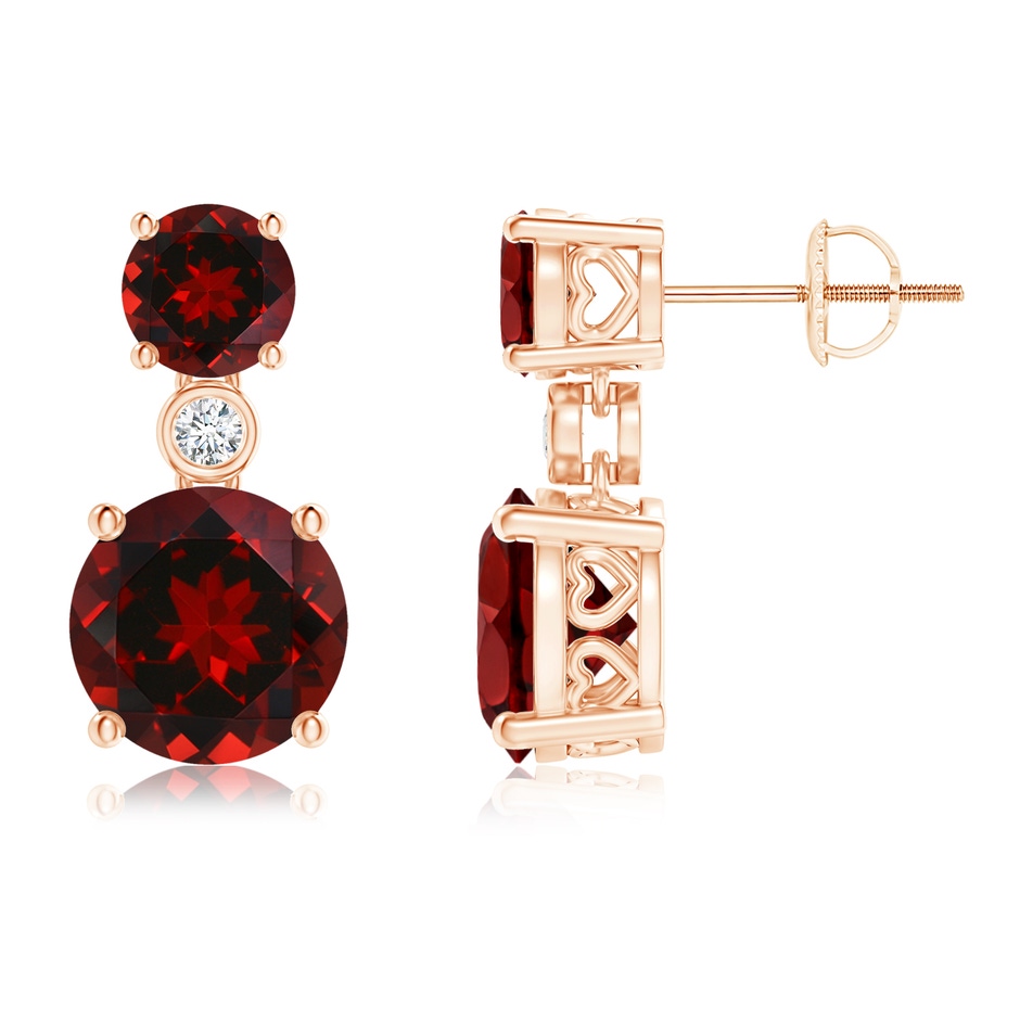 8mm AAAA Classic Garnet Two Stone Drop Earrings with Bezel Diamond in Rose Gold 