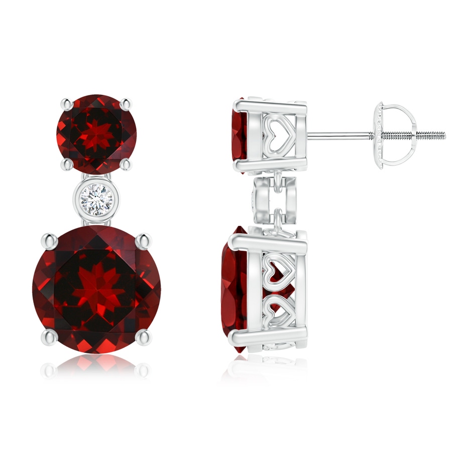 8mm AAAA Classic Garnet Two Stone Drop Earrings with Bezel Diamond in White Gold 