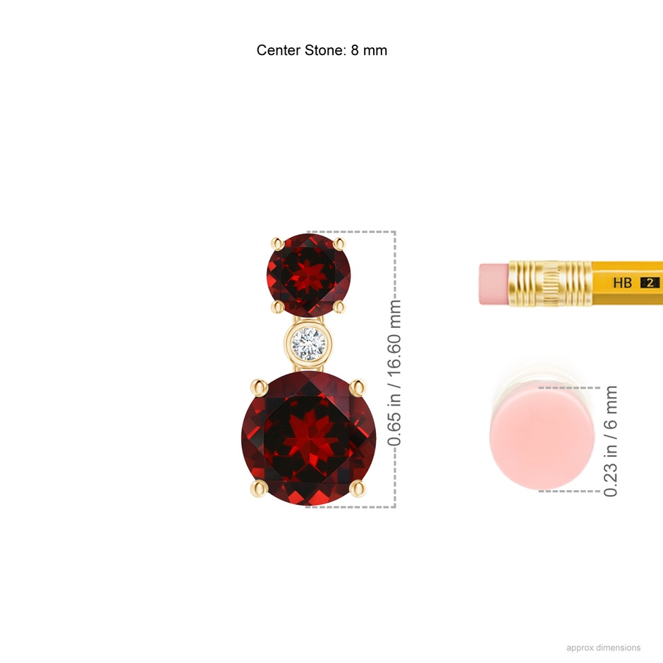 8mm AAAA Classic Garnet Two Stone Drop Earrings with Bezel Diamond in Yellow Gold ruler