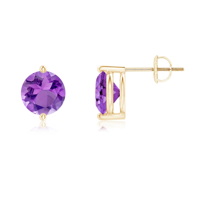 7mm AA Unique Two Prong-Set Amethyst Solitaire Stud Earrings in Yellow Gold 