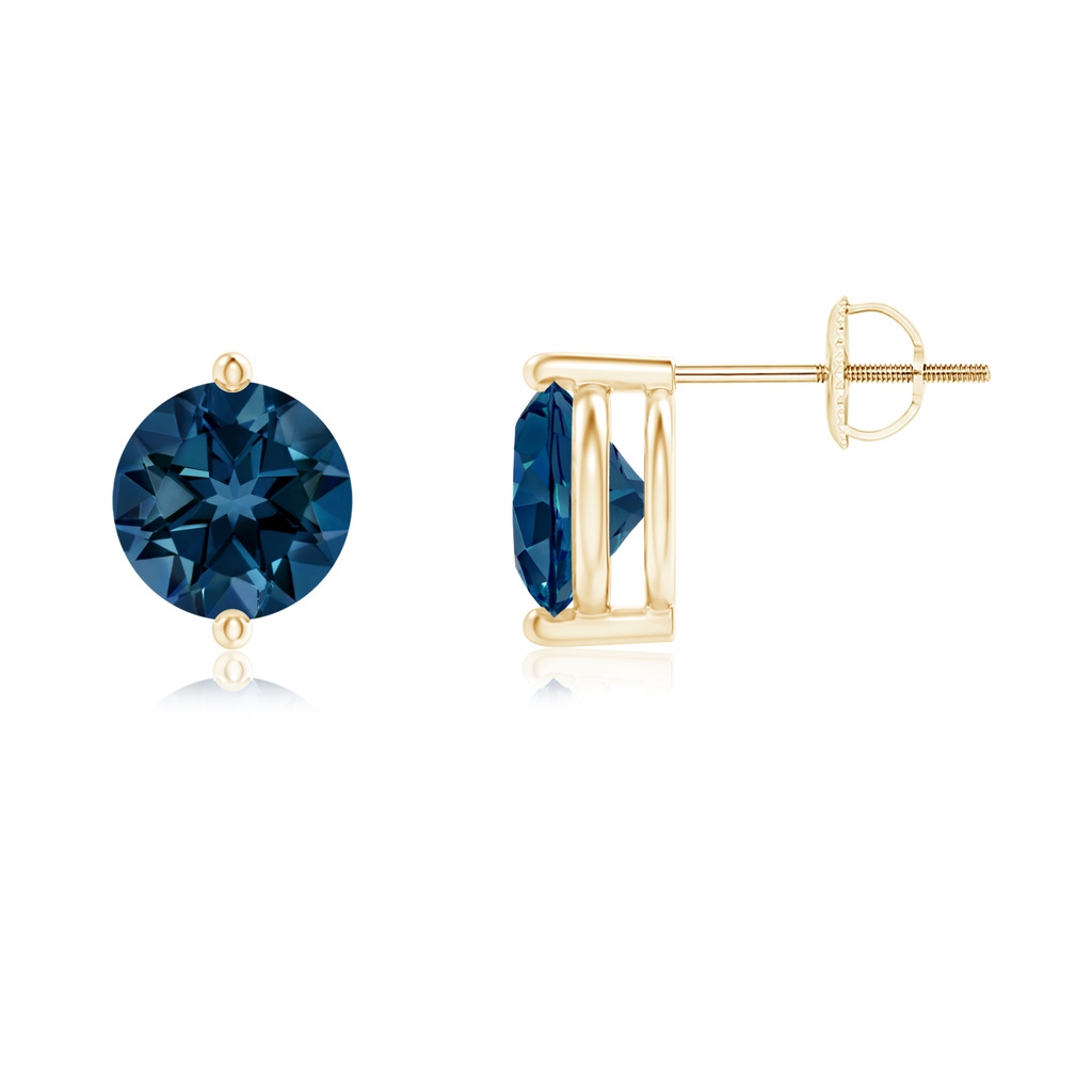 7mm AAAA Unique Two Prong-Set London Blue Topaz Stud Earrings in Yellow Gold