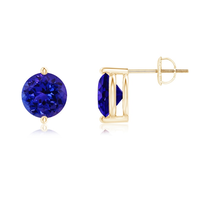 7mm AAAA Unique Two Prong-Set Tanzanite Solitaire Stud Earrings in Yellow Gold