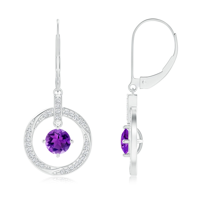 5mm AAA Amethyst Open Circle Drop Earrings with Diamond Accents in White Gold 