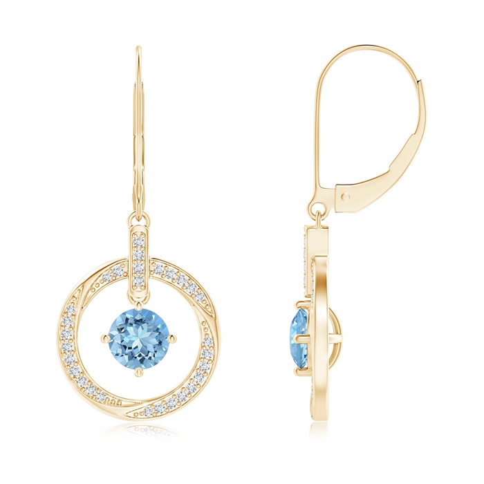 5mm AAAA Aquamarine Open Circle Drop Earrings with Diamond Accents in Yellow Gold