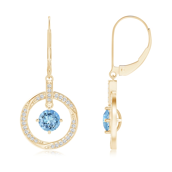 5mm AAAA Aquamarine Open Circle Drop Earrings with Diamond Accents in Yellow Gold 