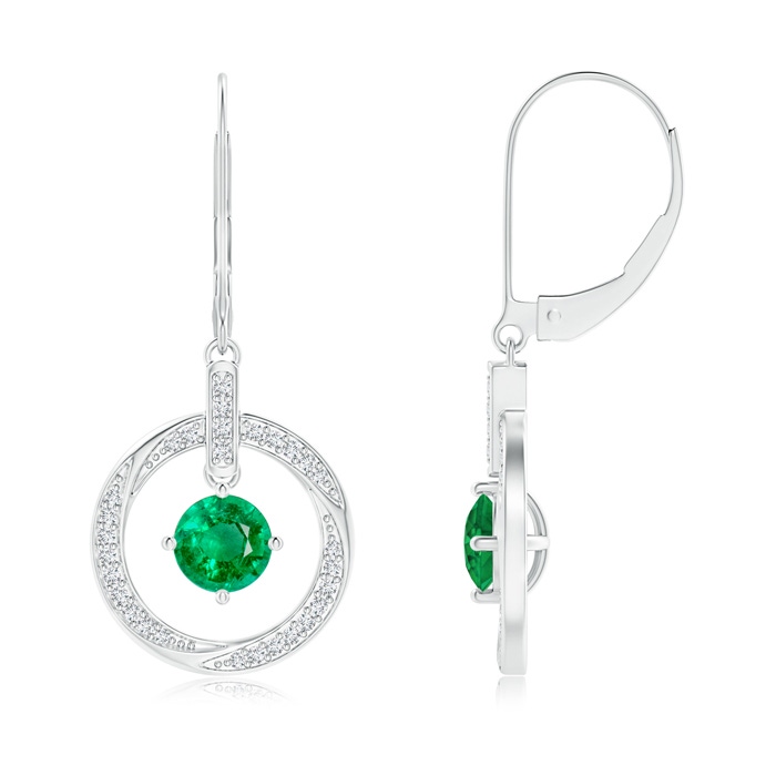 5mm AAA Emerald Open Circle Drop Earrings with Diamond Accents in White Gold