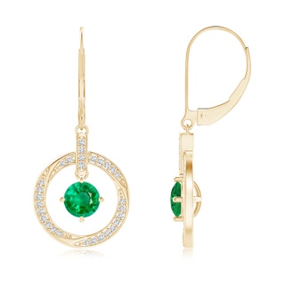 5mm AAA Emerald Open Circle Drop Earrings with Diamond Accents in Yellow Gold