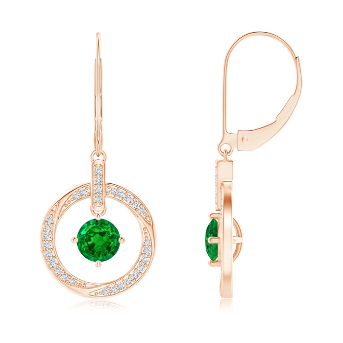 5mm AAAA Emerald Open Circle Drop Earrings with Diamond Accents in Rose Gold