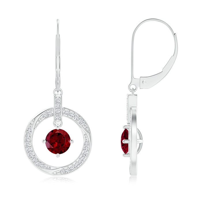 5mm AAA Garnet Open Circle Drop Earrings with Diamond Accents in White Gold 