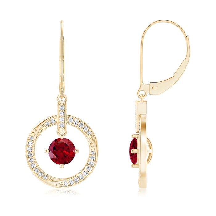 5mm AAAA Garnet Open Circle Drop Earrings with Diamond Accents in Yellow Gold