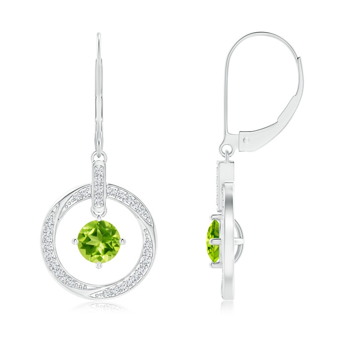 5mm AAA Peridot Open Circle Drop Earrings with Diamond Accents in White Gold 