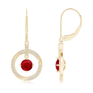 5mm AAA Ruby Open Circle Drop Earrings with Diamond Accents in Yellow Gold