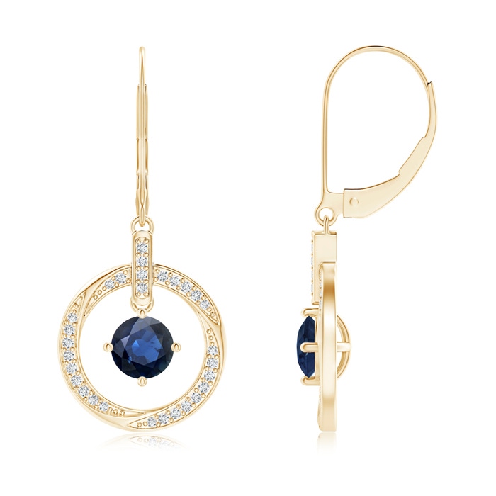5mm AA Sapphire Open Circle Drop Earrings with Diamond Accents in Yellow Gold 