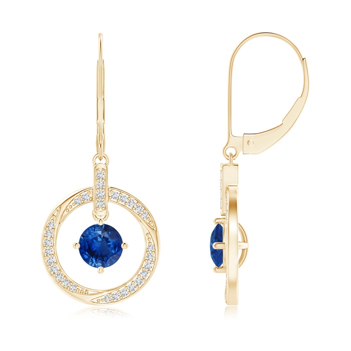 5mm AAA Sapphire Open Circle Drop Earrings with Diamond Accents in Yellow Gold 