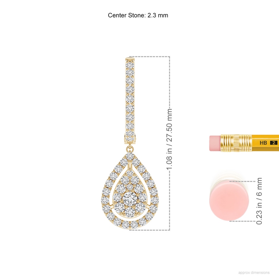 2.3mm HSI2 Floating Drop Diamond Cluster Halo Hoop Earrings in Yellow Gold ruler