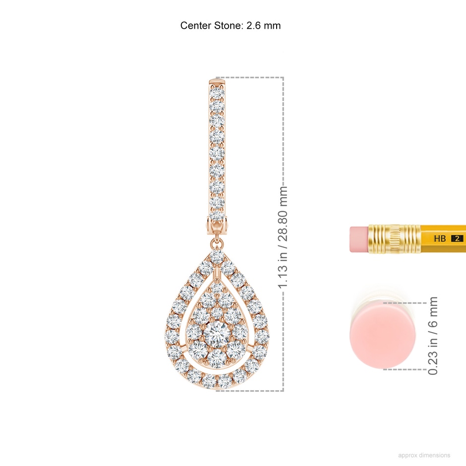 2.6mm GVS2 Floating Drop Diamond Clustre Halo Hoop Earrings in Rose Gold ruler