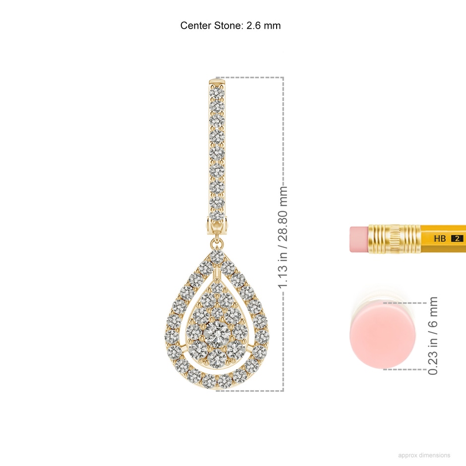 2.6mm KI3 Floating Drop Diamond Cluster Halo Hoop Earrings in Yellow Gold ruler