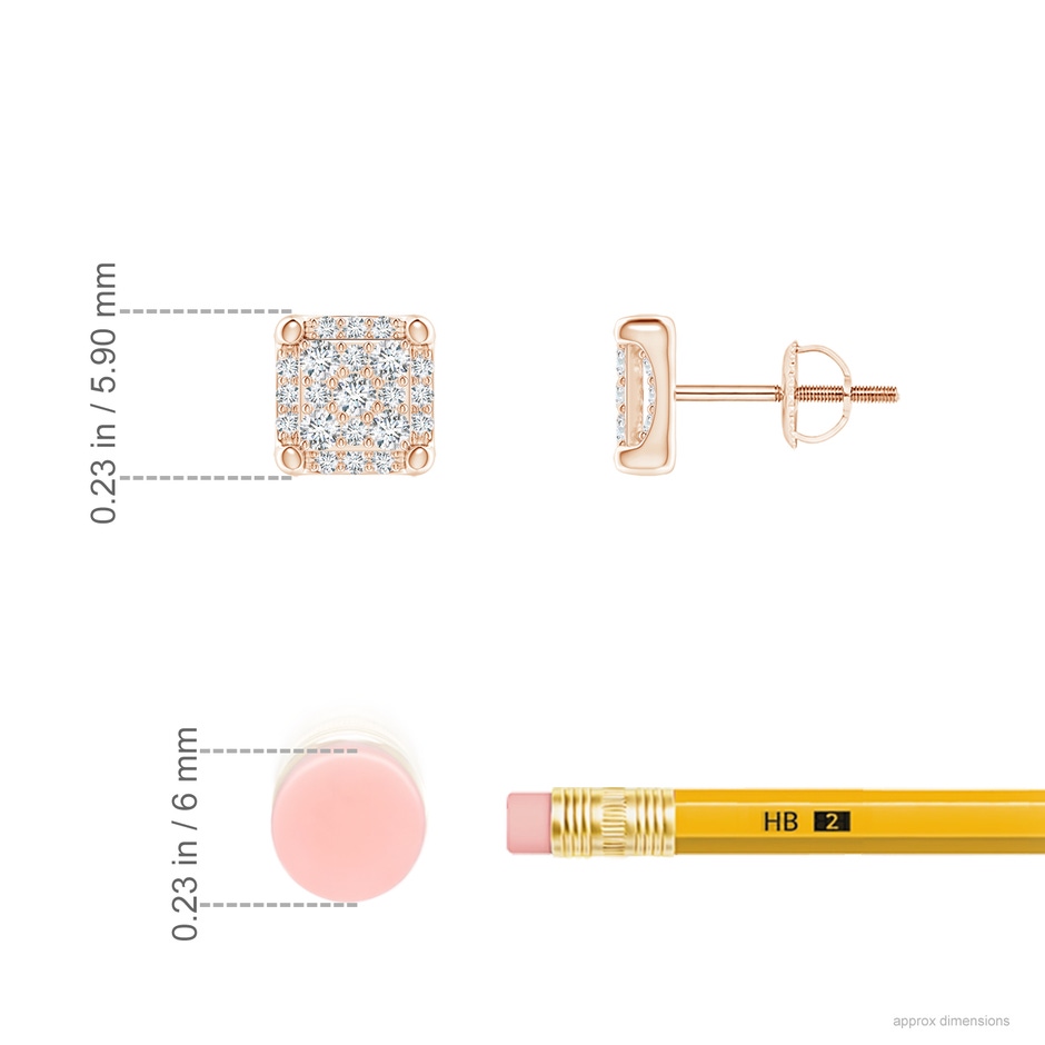 1.5mm GVS2 Square Composite Diamond Halo Stud Earrings in Rose Gold Ruler