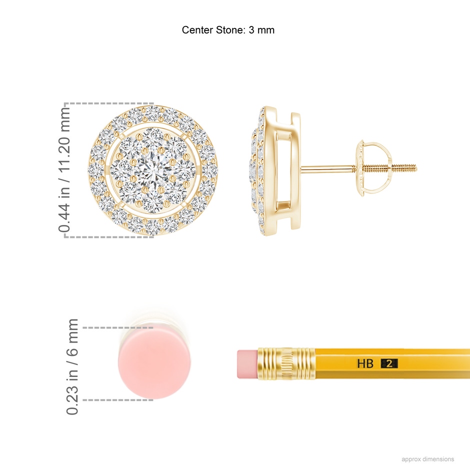 3mm HSI2 Floating Round Clustre Diamond Halo Stud Earrings in Yellow Gold ruler