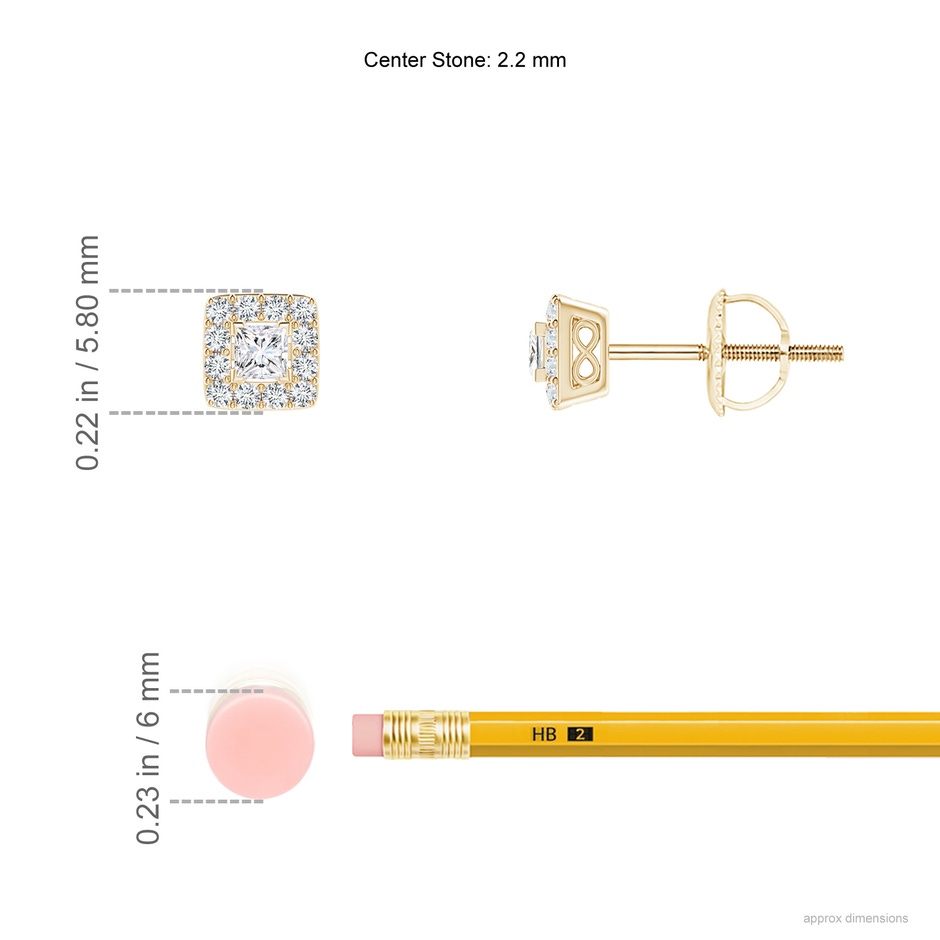 2.2mm GVS2 V-Prong Set Princess-Cut Diamond Halo Stud Earrings in Yellow Gold ruler