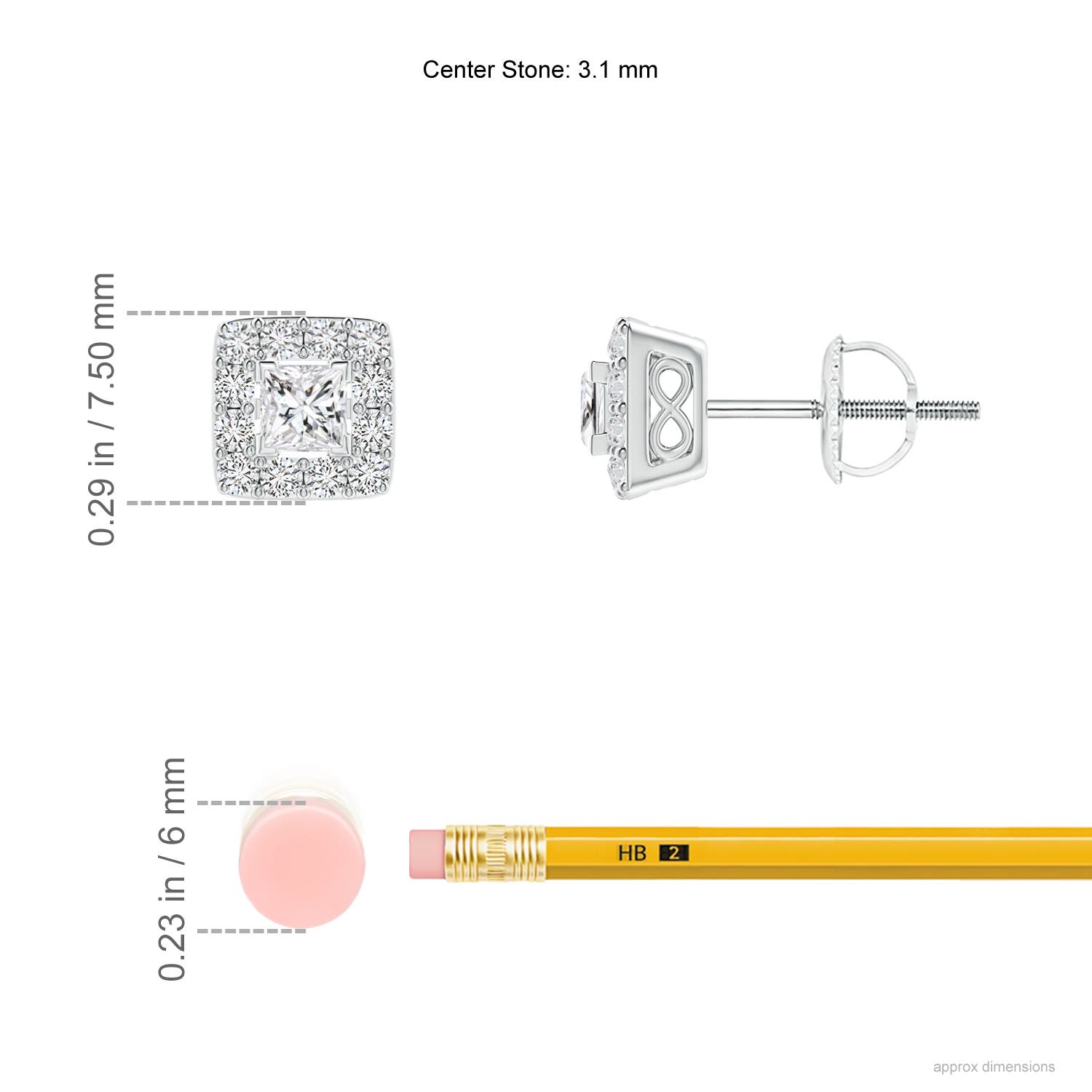 3.1mm HSI2 V-Prong Set Princess-Cut Diamond Halo Stud Earrings in White Gold - ruler