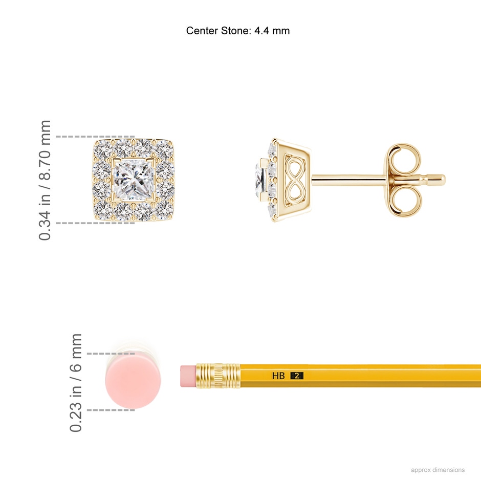 4.4mm IJI1I2 V-Prong Set Princess-Cut Diamond Halo Stud Earrings in Yellow Gold ruler