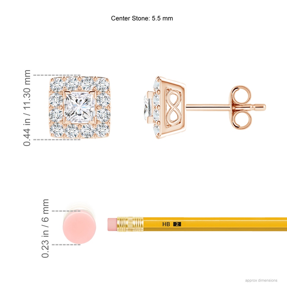 5.5mm GVS2 V-Prong Set Princess-Cut Diamond Halo Stud Earrings in 18K Rose Gold ruler