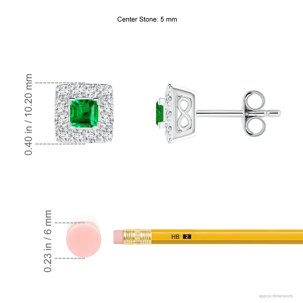 5mm AAA V-Prong Set Princess-Cut Emerald Halo Stud Earrings in White Gold ruler