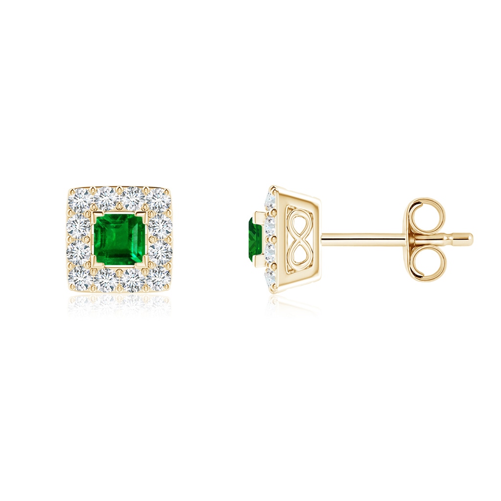 5mm AAAA V-Prong Set Princess-Cut Emerald Halo Stud Earrings in Yellow Gold